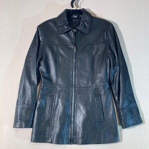 Vtg Excelled Leather Jacket Women's XS Black Minimalist‎ Urban Mid Length Coat